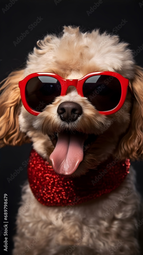 Cute dog with red heart-shaped sunglasses isolated on a black background. AI Generative