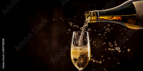 Pouring sparkling wine from bottle into glass  over blur spots lights background. Celebration concept, free space for text