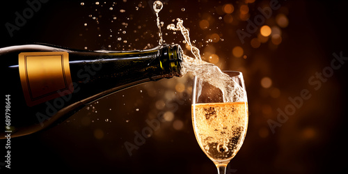 Pouring sparkling wine from bottle into glass  over blur spots lights background. Celebration concept  free space for text