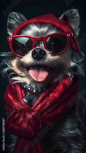 Cute dog in red glasses and a scarf on a black background. AI Generative
