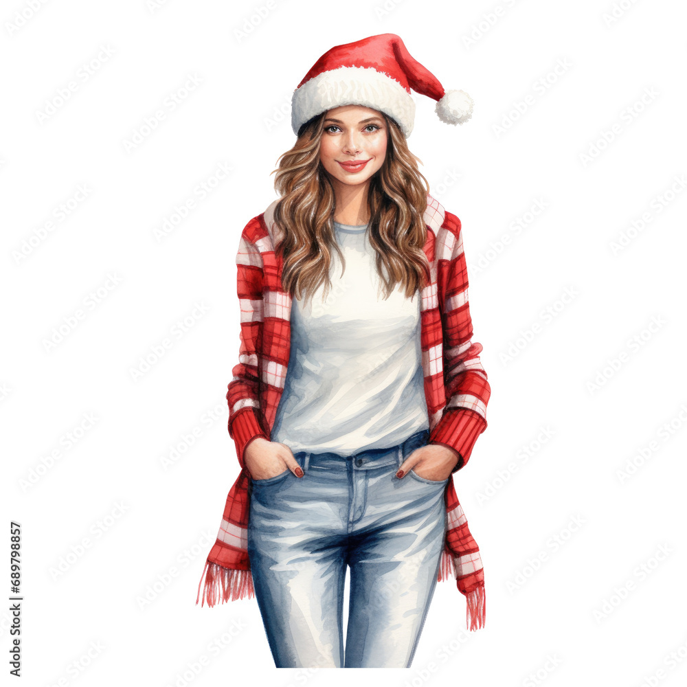 Watercolor Christmas Woman. Woman with Christmas Hat Clipart. Christmas Theme. Hand Drawn Christmas Woman Portrait Illustration. Watercolor Christmas Woman. Woman with Christmas Hat Clipart. Christmas Theme. Hand Drawn Christmas Woman Portrait Illustration.