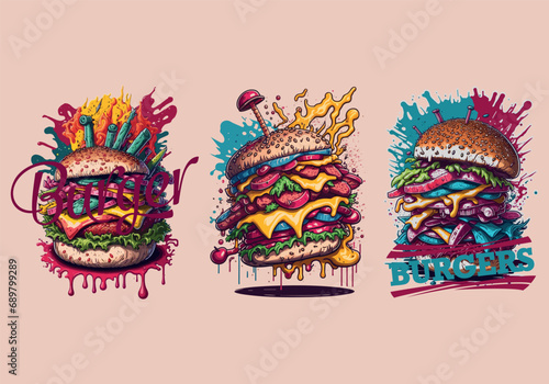 Hand-drawn Burger vintage, black and white grunge retro poster. Suitable for t-shirt print, streetwear vector illustration