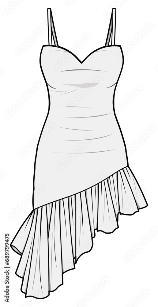 Vetor de Bodycon Tight Fit Asymmetric Strap Dress with Frill Hem