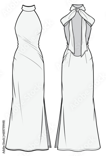 High Neck Back Bow Halter Neck Back Open Maxi Dress, Bridal Halter Neck Wedding Dress Front and Back View. Fashion Flat Sketch Vector Illustration, CAD, Technical Drawing, Flat Drawing, Template