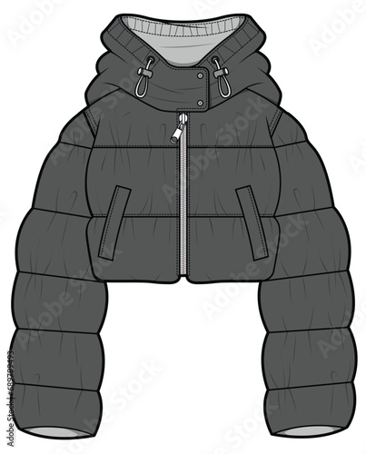 Hoodie Long Sleeve Crop Puffer Jacket Fashion Illustration, Vector, CAD, Technical Drawing, Flat Drawing, Template, Mockup.
