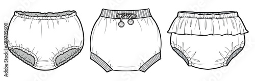 Kids Bloomers, Infant Diaper Shorts Set Fashion Flat Sketch Vector Illustration, CAD, Technical Drawing, Flat Drawing, Template, Mockup.