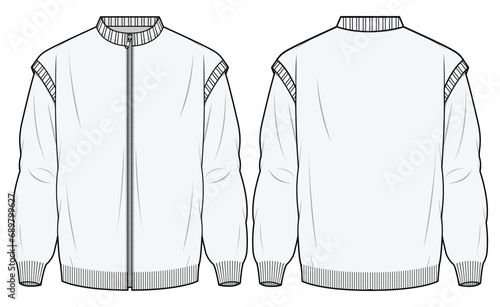 Stand Collar Zip Up Drop Shoulder Detachable Sleeve Jacket Front and Back View. Fashion Flat Sketch Vector Illustration, CAD, Technical Drawing, Flat Drawing, Template, Mockup. photo