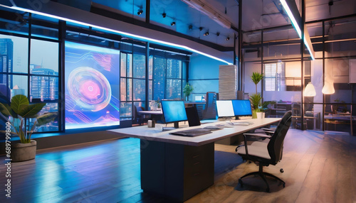 Modern Neon Cyberpunk Open Space Office Interior Blurred with Information Technology Overlay