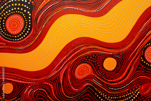 Abstract brightly colored aboriginal painting in red and yellow. Wavy lines and organic shapes.