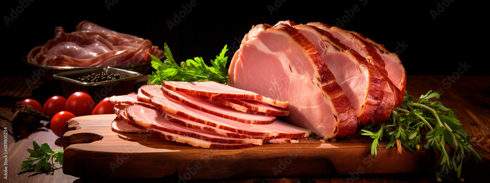 Sliced ham on a wooden board