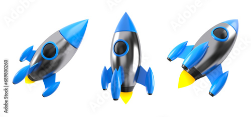 Fototapeta Naklejka Na Ścianę i Meble -  Set of blue and chrome rocket launching isolated. Spaceship of successful business startup concept. 3d rendering.