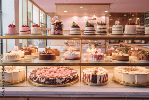 a lot of sweet cakes in a bakery