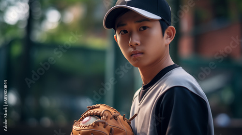 Handsome Japanese highschooler playing baseball on a field photo