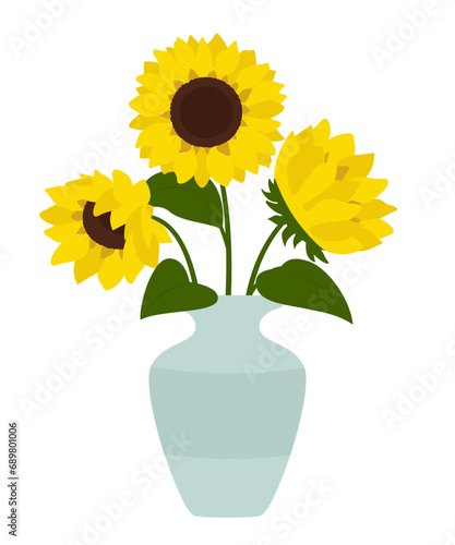 Vase with blooming flowers for decoration and interior. Beautiful sunflowers in ceramic vase isolated on white background