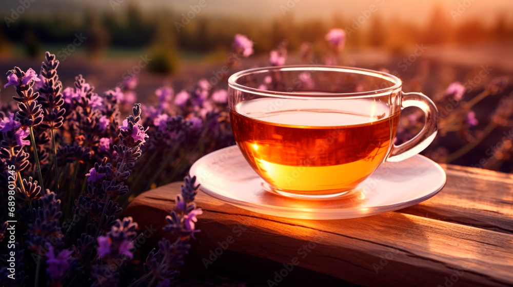 A cup of healthy lavender tea and lavender flowers on a wooden stump A cup of healthy lavender tea and lavender flowers on a wooden stump