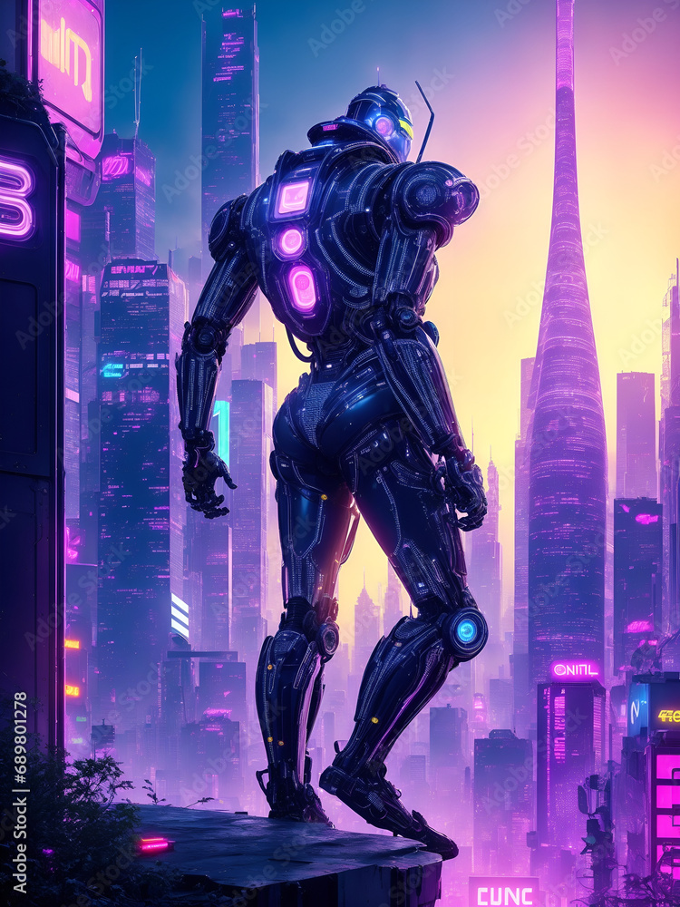 In a bustling metropolis of ethereal neon lights, a zany outré silicon sentinel watches over the city, its intricate robotic design juxtaposed against the chaotic backdrop