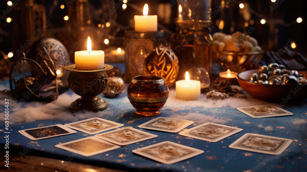 Cozy Tarot Reading and Candles on a Christmas Table