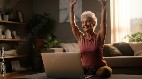 A woman sitting on a yoga mat with her arms in the air. Remote sport class training session for seniors.