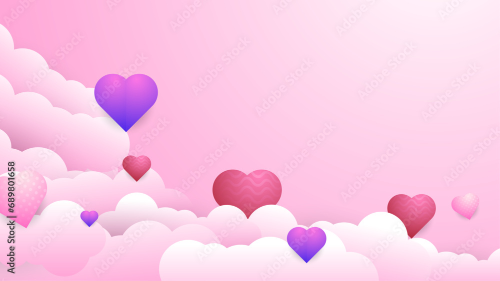 Pink purple violet and white vector love background with realistic hearts element Happy Valentine's Day banner for poster, flyer, greeting card, header for website