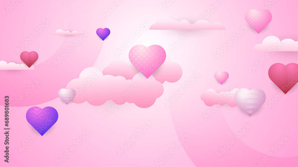 Pink and purple violet vector happy love background with 3d hearts Happy Valentine's Day banner for poster, flyer, greeting card, header for website