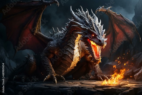 Photo, a fire-breathing dragon with wings and fangs in full growth