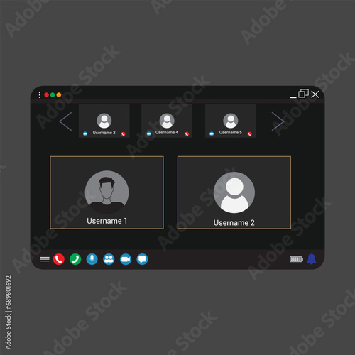 Videocall interface landing page screen set for  5 people.  video call screen icons and UI template, vector overlay. Virtual webinar, meeting, dialogue, conversation, event. 