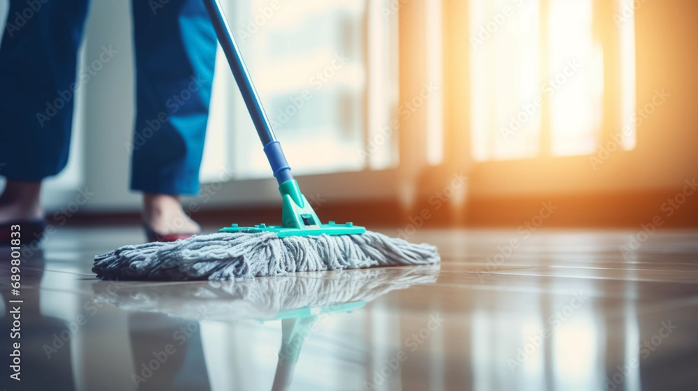 copy space, stockphoto, people Mopping an Office Floor, Mop Close-Up, Cleaner Cleans the Floors. Professional cleaning team cleaning floor in an office or business building. - obrazy, fototapety, plakaty 