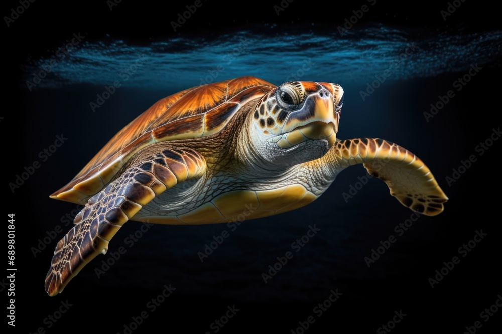 Fototapeta premium A turtle swimming in the ocean with a black background.