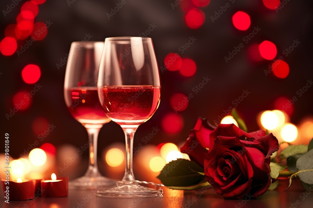front view of wine glasses with red roses on table with bokeh lights background front view of wine glasses with red roses on table with bokeh lights background