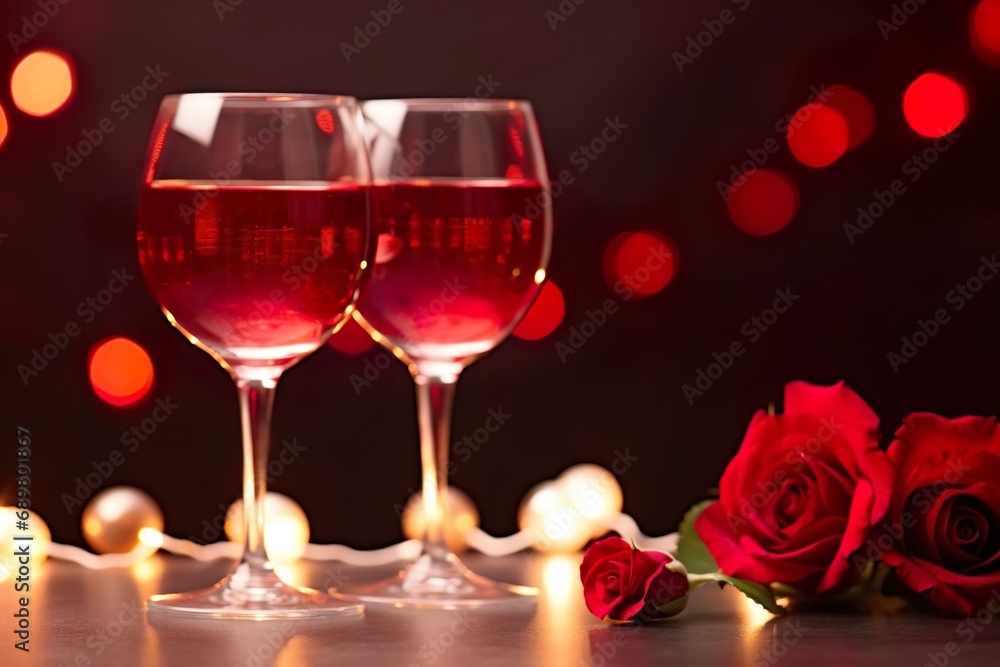front view of wine glasses with red roses on table with bokeh lights background front view of wine glasses with red roses on table with bokeh lights background