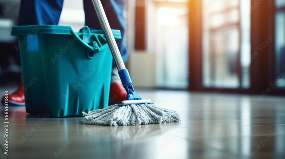 copy space, stockphoto, people Mopping an Office Floor, Mop Close-Up, Cleaner Cleans the Floors. Professional cleaning team cleaning floor in an office or business building. - obrazy, fototapety, plakaty 