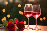 front view of wine glasses with red roses on table with bokeh lights background 