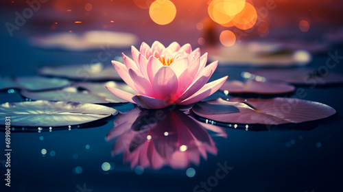 a brightly blooming water lotus growing among lush green leaves on a tranquil pond