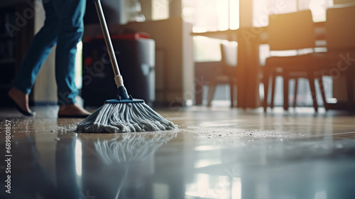 Wallpaper Mural copy space, stockphoto, people Mopping an Office Floor, Mop Close-Up, Cleaner Cleans the Floors. Professional cleaning team cleaning floor in an office or business building. Torontodigital.ca