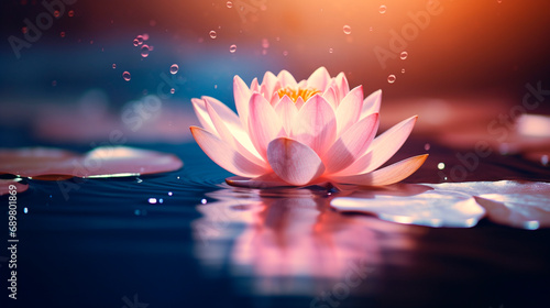 a brightly blooming water lotus growing among lush green leaves on a tranquil pond