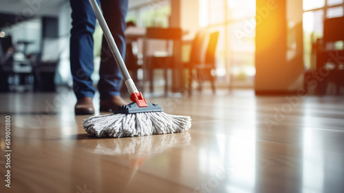 copy space, stockphoto, people Mopping an Office Floor, Mop Close-Up, Cleaner Cleans the Floors. Professional cleaning team cleaning floor in an office or business building. photo