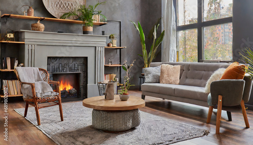 Barrel chair and round coffee table near gray corner fabric sofa against the wall with fireplace and bookshelves design. The interior design of the modern living room photo