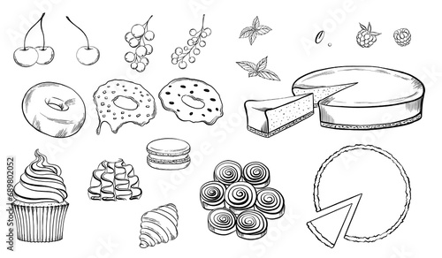 Culinary set of cheesecake, cinnabons, cupcakes. cream, croissant, macaroon, donut with glaze, confectionery decorations, berries, mint leaves