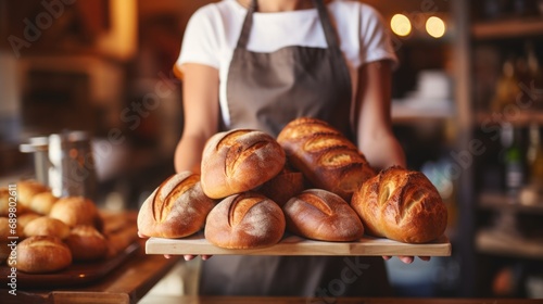 A woman in an apron holding a tray of bread. Bakery worker.