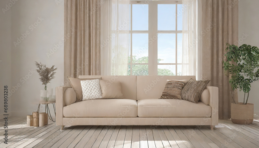 Beige rustic sofa and floor lamp against concrete wall with copy space. Minimalist home interior design of modern living room. Beige rustic sofa and floor lamp against concrete wall with copy space. Minimalist home interior design of modern living room.