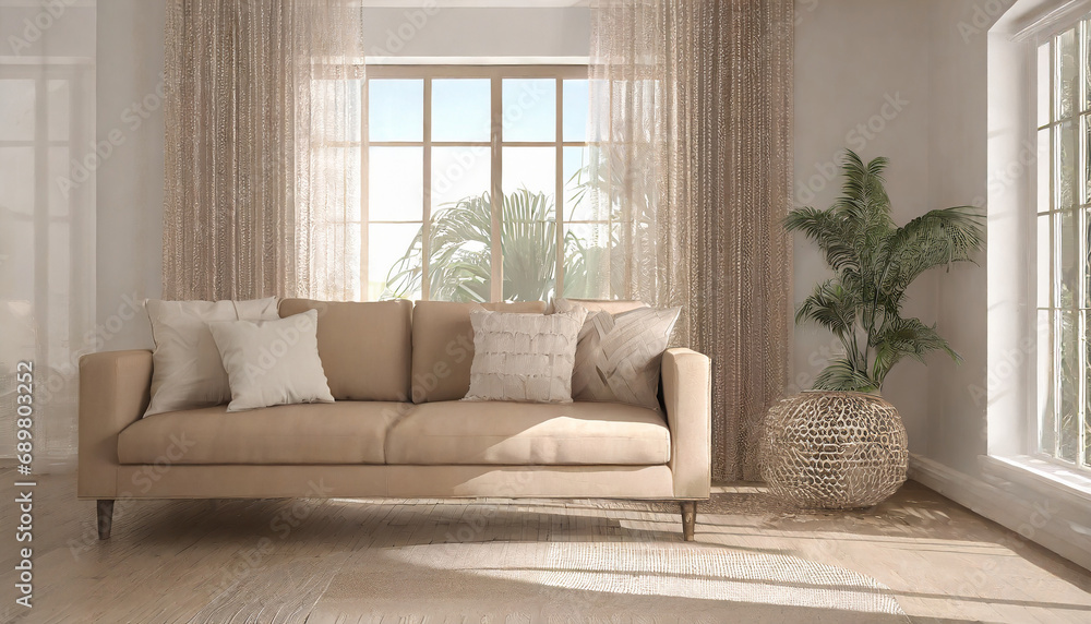 Beige rustic sofa and floor lamp against concrete wall with copy space. Minimalist home interior design of modern living room. Beige rustic sofa and floor lamp against concrete wall with copy space. Minimalist home interior design of modern living room.