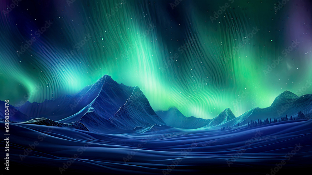 Aurora bore over a mountain desert landscape.  AI generated illustration.