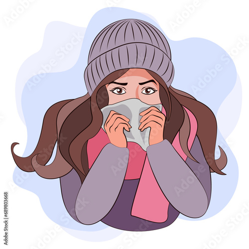 Colds, seasonal flu. A girl with a runny nose in warm clothes, a hat and a scarf. Girl sneezes, illness, respiratory disease. Feeling unwell in cold weather. Winter