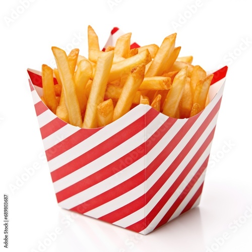French fries in a red and white paper container.