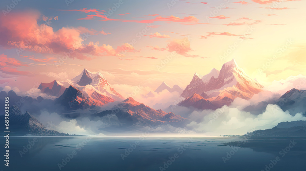 Dreamlike background of a morning foggy lake surrounded by mountains. AI generated illustration.