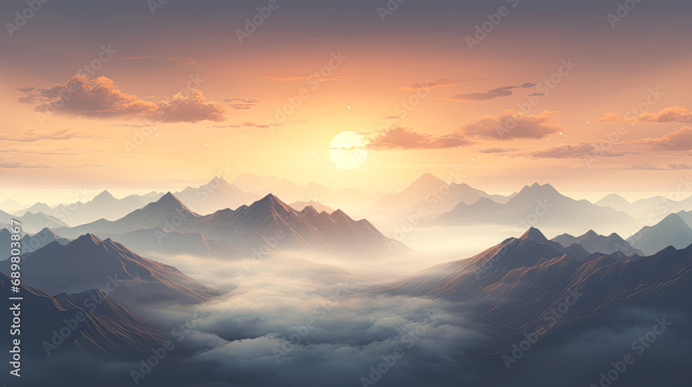 Dreamlike foggy mountain landscape. AI generated illustration.