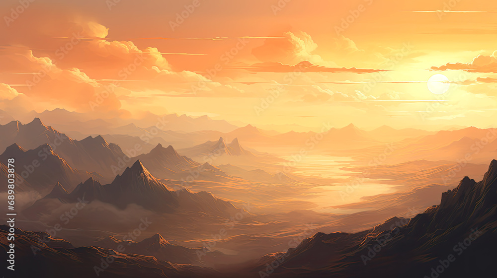 Peaceful, misty mountain landscape with a river in the golden rays of sunset. AI generated illustration. Peaceful, misty mountain landscape with a river in the golden rays of sunset. AI generated illustration.