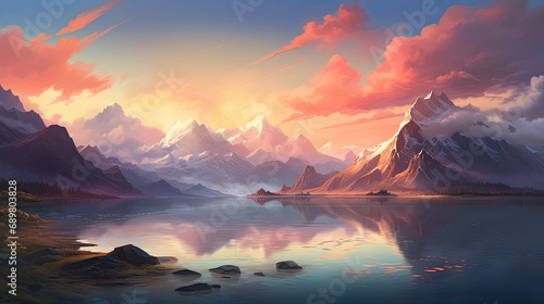 Peaceful scenery of a foggy morning lake surrounded by mountains. AI generated illustration.