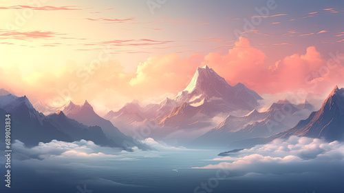 Dreamlike scenery of a foggy morning lake surrounded by mountains. AI generated illustration.