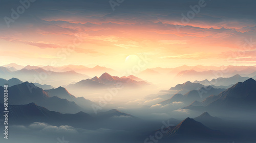 Mystical foggy mountain landscape. AI generated illustration.
